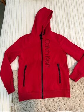 Calvin Klein Kids Bright Red Zip Hoodie with Vertical Logo